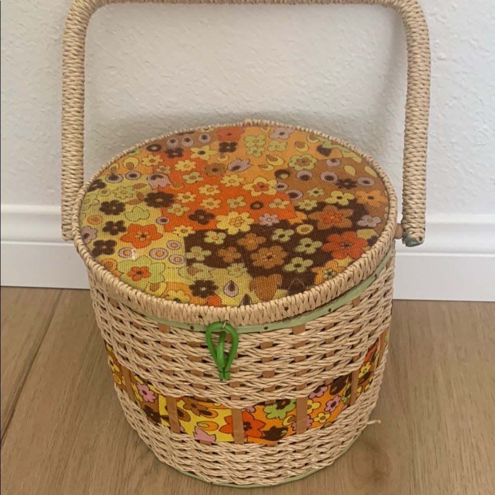 Vintage Floral Woven Basket with Handle